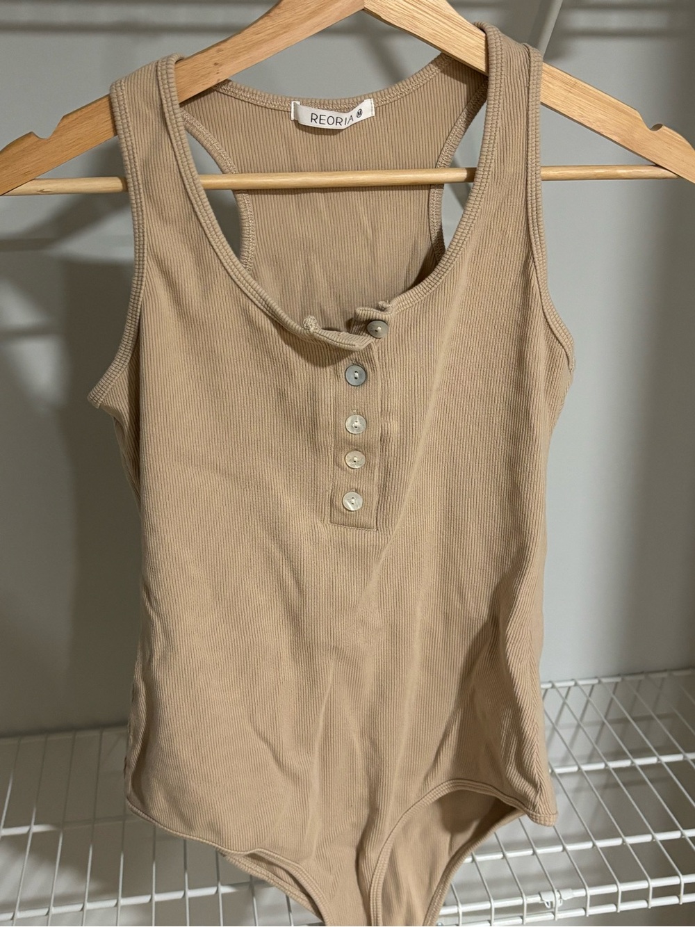 ReoRia Beige Ribbed Henley Bodysuit